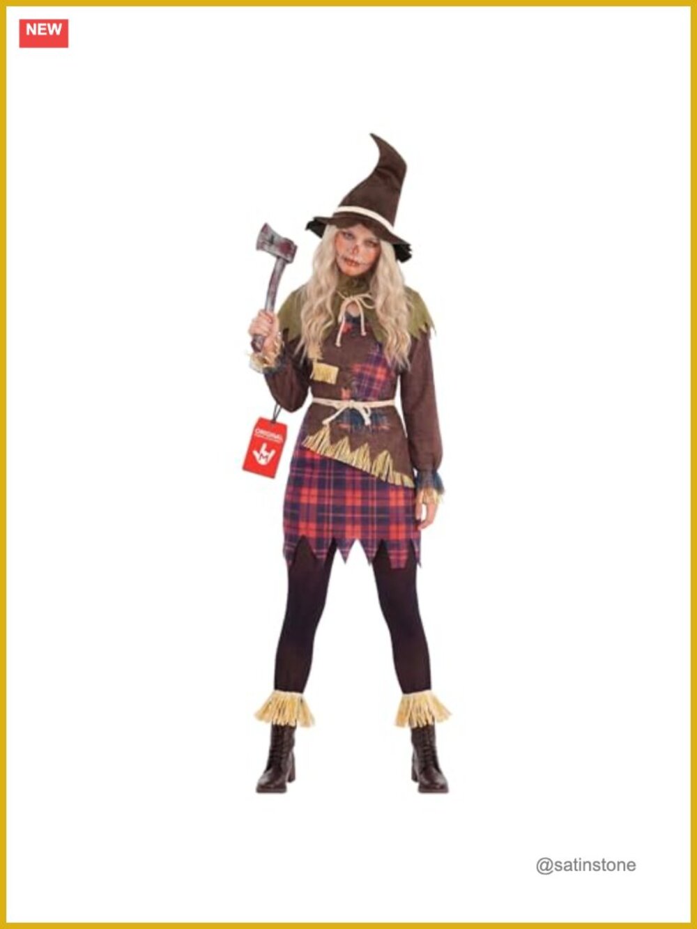 Scarecrow Costume Women Adult Patchwork Tunic Dress Capelet Hat Halloween